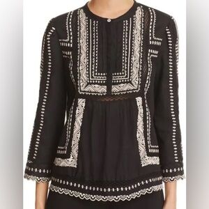 Rebecca Taylor Black Top with Intricate White Patterns